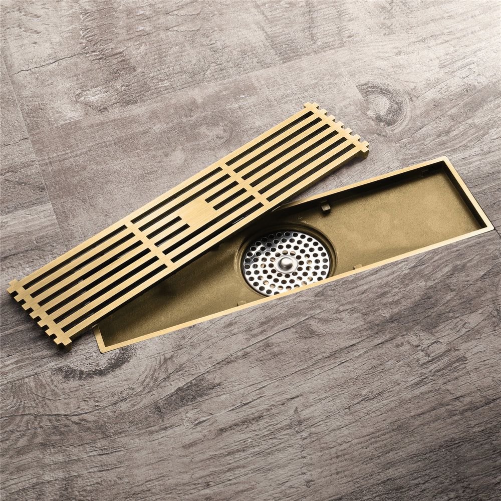 12 Inch Shower Linear Brushed Gold Drain Rectangular Floor Drain with Accessories Square Hole Pattern Cover Grate Removable Brushed Gold Brass