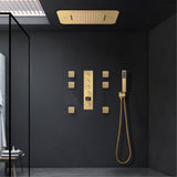Brushed Gold Music LED Flushed in 23X 15inch shower head 4 way thermostatic valve that each function run all together and separately
