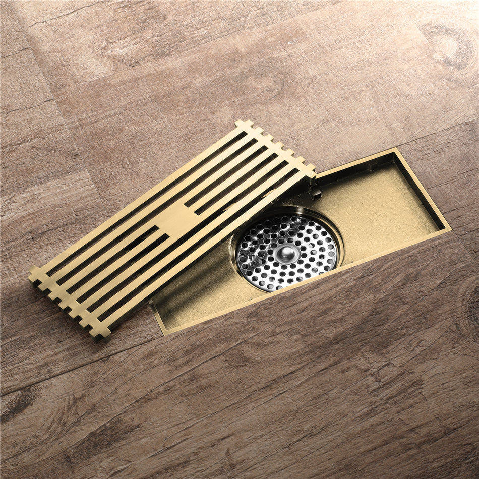 8 Inch Shower Linear Brushed Gold Drain Rectangular Floor Drain with Accessories Square Hole Pattern Cover Grate Removable Brushed Gold Brass