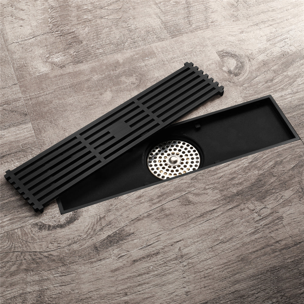 12 Inch Shower Linear Matte black Drain Rectangular Floor Drain with Accessories Square Hole Pattern Cover Grate Removable Matte Black Brass