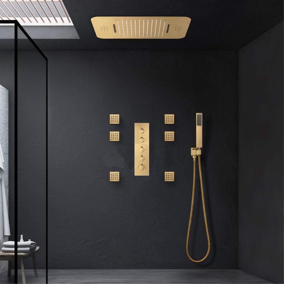 Brushed Gold Music LED Flushed in 23X 15inch shower head 4 way thermostatic valve that each function run all together and separately