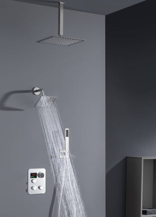 Brushed nickel Ceiling 12 Inch led Light Rainfall Shower Head Wall Mount 6 Inch Regular High Water Pressure Shower Head 3 Way Thermostatic Shower Faucet Each Function Work All together and separately