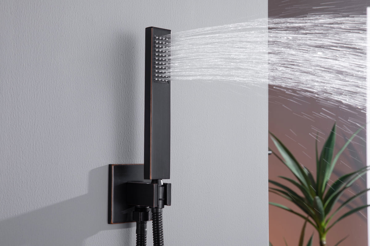 64 LED light Bluetooth Music 20-inch Rainfall Waterfall Flush Mounted Oil Rubbed Bronze 6-Way Thermostatic Shower Faucet System With Regular Heads And Handle Wand,Body Jets - Grolta Group USA