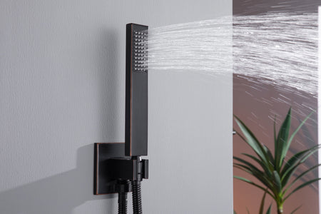 64 LED light Bluetooth Music 20-inch Rainfall Waterfall Flush Mounted Oil Rubbed Bronze 6-Way Thermostatic Shower Faucet System With Regular Heads And Handle Wand,Body Jets - Grolta Group USA