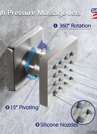 20 Inch Brushed nickel ceiling mount rainfall waterfall shower systems 5 way Digital display thermostatic valve with 6 body jets and regular head