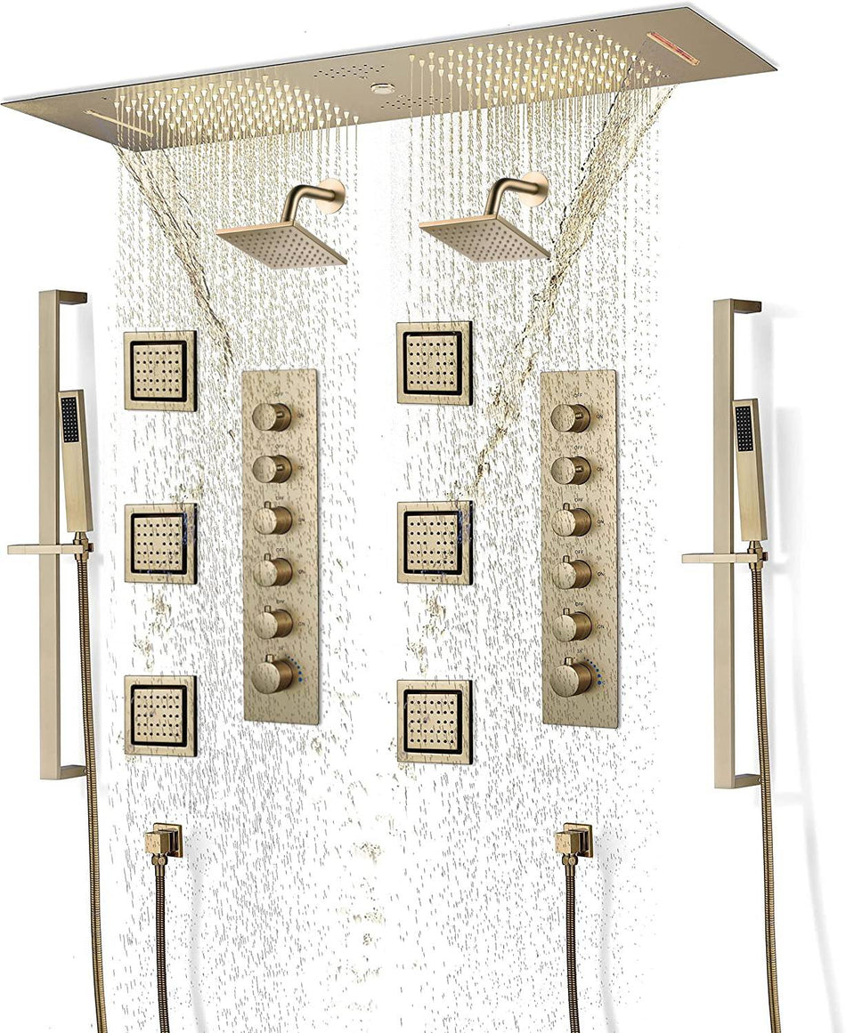 Brushed Gold 36 Inch  Flushed Ceiling Mount Rainfall Waterfall Water Column 64 LED Light Bluetooth Music Shower Head 5 Way Thermostatic Shower Faucet Set with Body Jets and regular heads