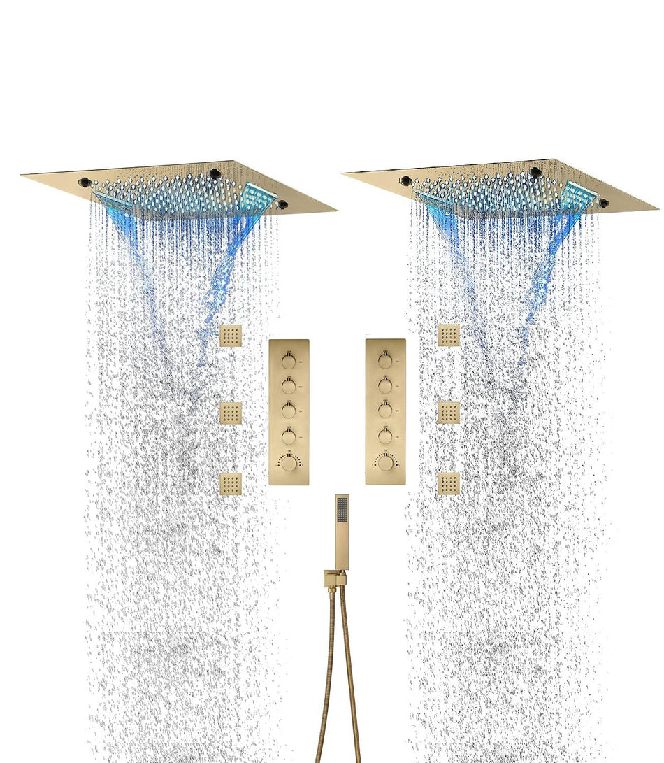 Brushed Gold Dual 20 Inch Flushed Ceiling Mount Rainfall Waterfall Mist 64 LED Light Bluetooth Music Shower Head 8 Way Thermostatic Shower Faucet Set with Body Jets and Touch Panel