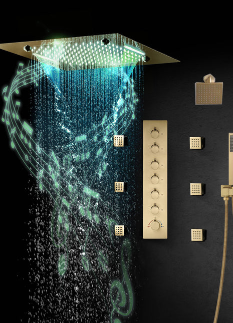 Brushed Gold 20 Inch Flushed Ceiling Mount Rainfall Waterfall Mist 64 LED Light Bluetooth Music Shower Head 6 Way Digital display Thermostatic Shower Faucet Set with Body Jets and regular head