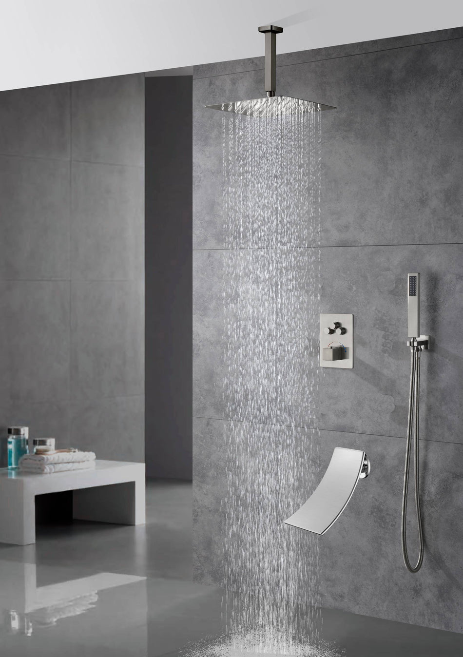Ceiling mounted 3 functions Thermostatic Mixer System Brushed Nickel rain Shower Faucet With waterfall tub spout