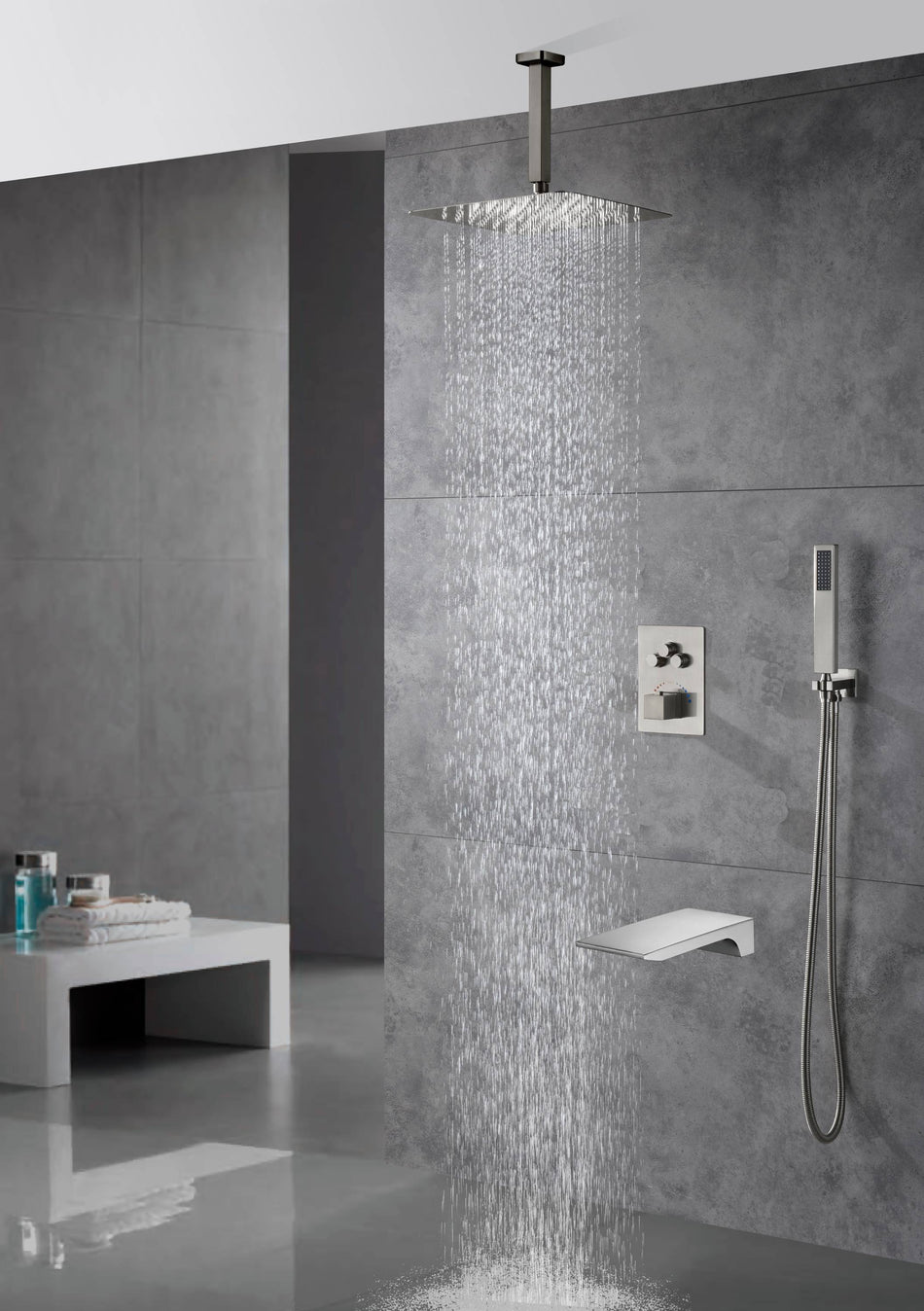 Ceiling mounted 3 functions Thermostatic Mixer System Brushed Nickel rain Shower Faucet With waterfall tub spout
