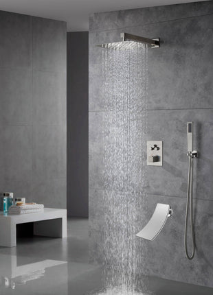 wall mounted 3 functions Thermostatic Mixer System Brushed Nickel rain Shower Faucet with waterfall tub spout