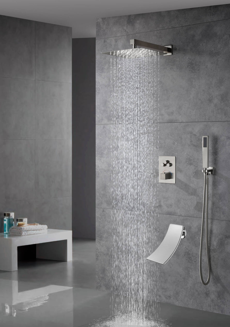 wall mounted 3 functions Thermostatic Mixer System Brushed Nickel rain Shower Faucet with waterfall tub spout