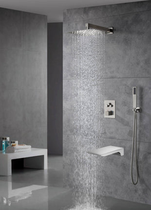 wall mounted 3 functions Thermostatic Mixer System Brushed Nickel rain Shower Faucet with waterfall tub spout