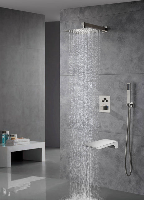 wall mounted 3 functions Thermostatic Mixer System Brushed Nickel rain Shower Faucet with waterfall tub spout