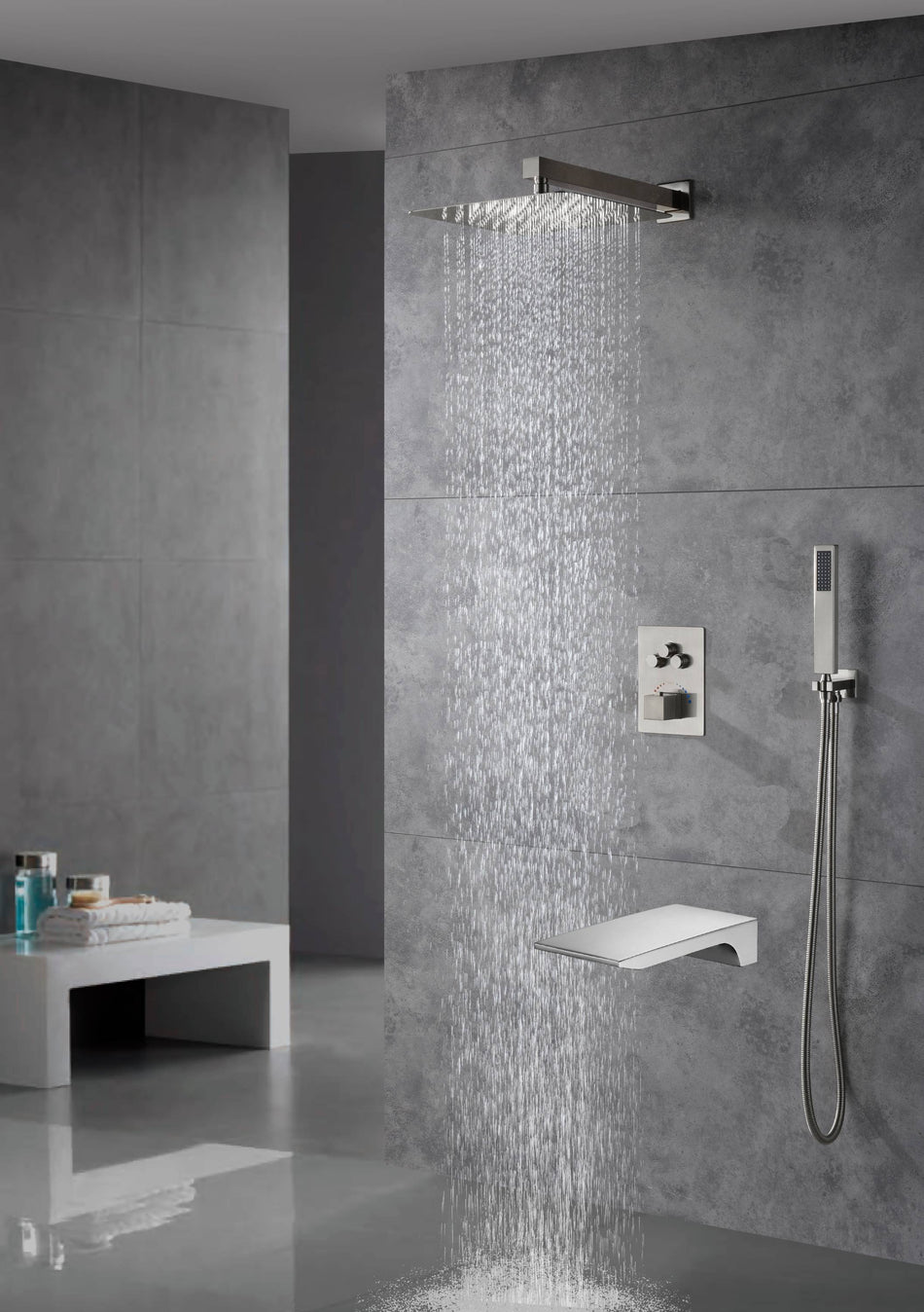 wall mounted 3 functions Thermostatic Mixer System Brushed Nickel rain Shower Faucet with waterfall tub spout