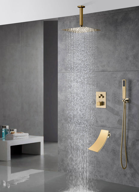 Ceiling mounted Brushed gold 3 way Thermostatic Shower valve system with waterfall tub spout that each function run all together and separately