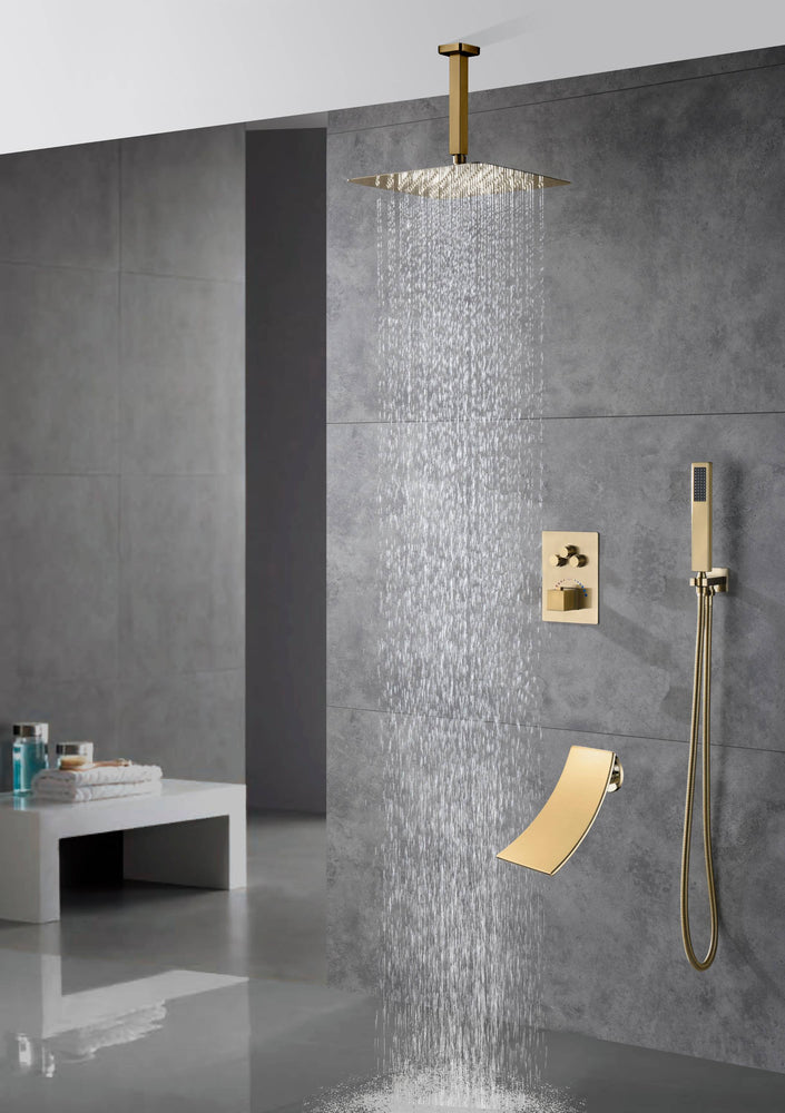 Ceiling mounted Brushed gold 3 way Thermostatic Shower valve system with waterfall tub spout that each function run all together and separately
