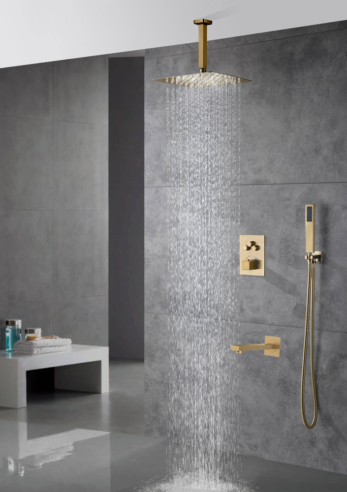 Ceiling mounted Brushed gold 3 way Thermostatic Shower valve system with tub spout that each function run all together and separately