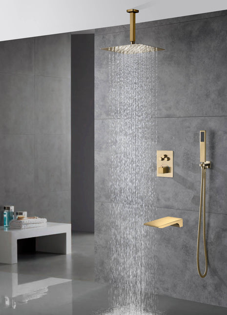 Ceiling mounted Brushed gold 3 way Thermostatic Shower valve system with waterfall tub spout that each function run all together and separately