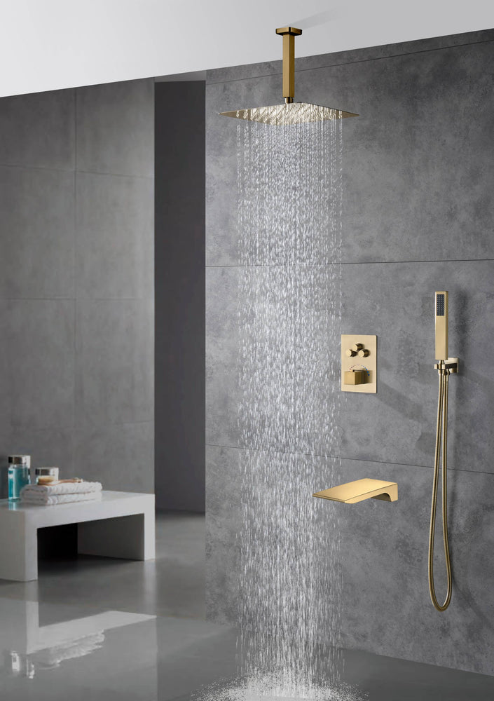 Ceiling mounted Brushed gold 3 way Thermostatic Shower valve system with waterfall tub spout that each function run all together and separately