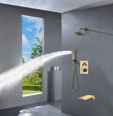wall mounted Brushed gold 3 way Thermostatic Shower valve system with waterfall tub spout that each function run all together and separately