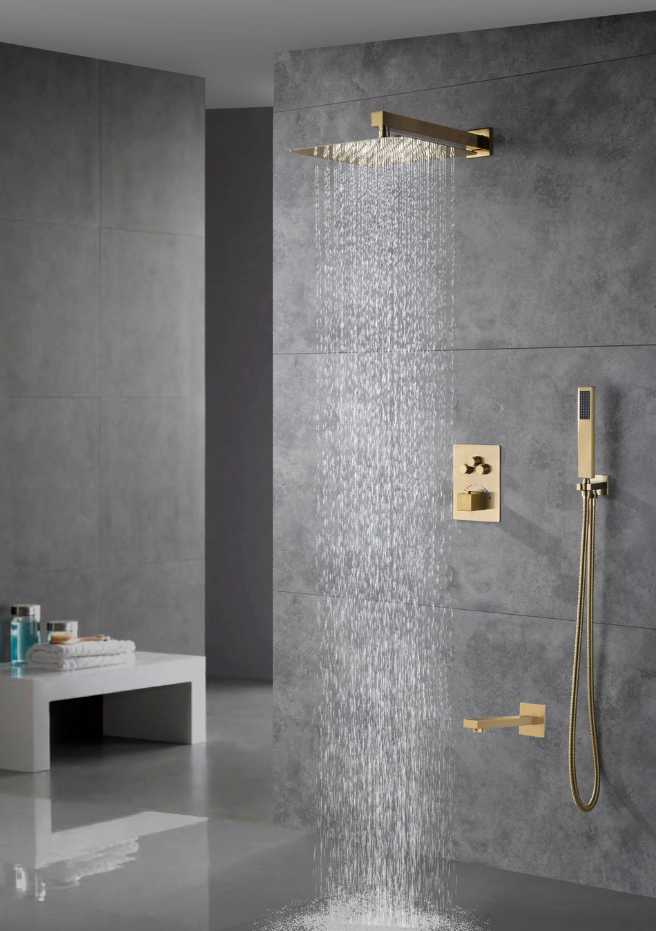 Brushed gold 3 way Thermostatic Shower valve system with tub spout that each function run all together and separately