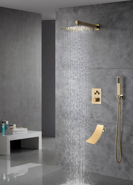 wall mounted Brushed gold 3 way Thermostatic Shower valve system with waterfall tub spout that each function run all together and separately