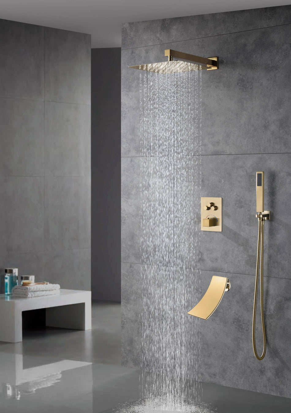wall mounted Brushed gold 3 way Thermostatic Shower valve system with waterfall tub spout that each function run all together and separately