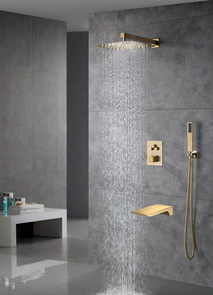 wall mounted Brushed gold 3 way Thermostatic Shower valve system with waterfall tub spout that each function run all together and separately