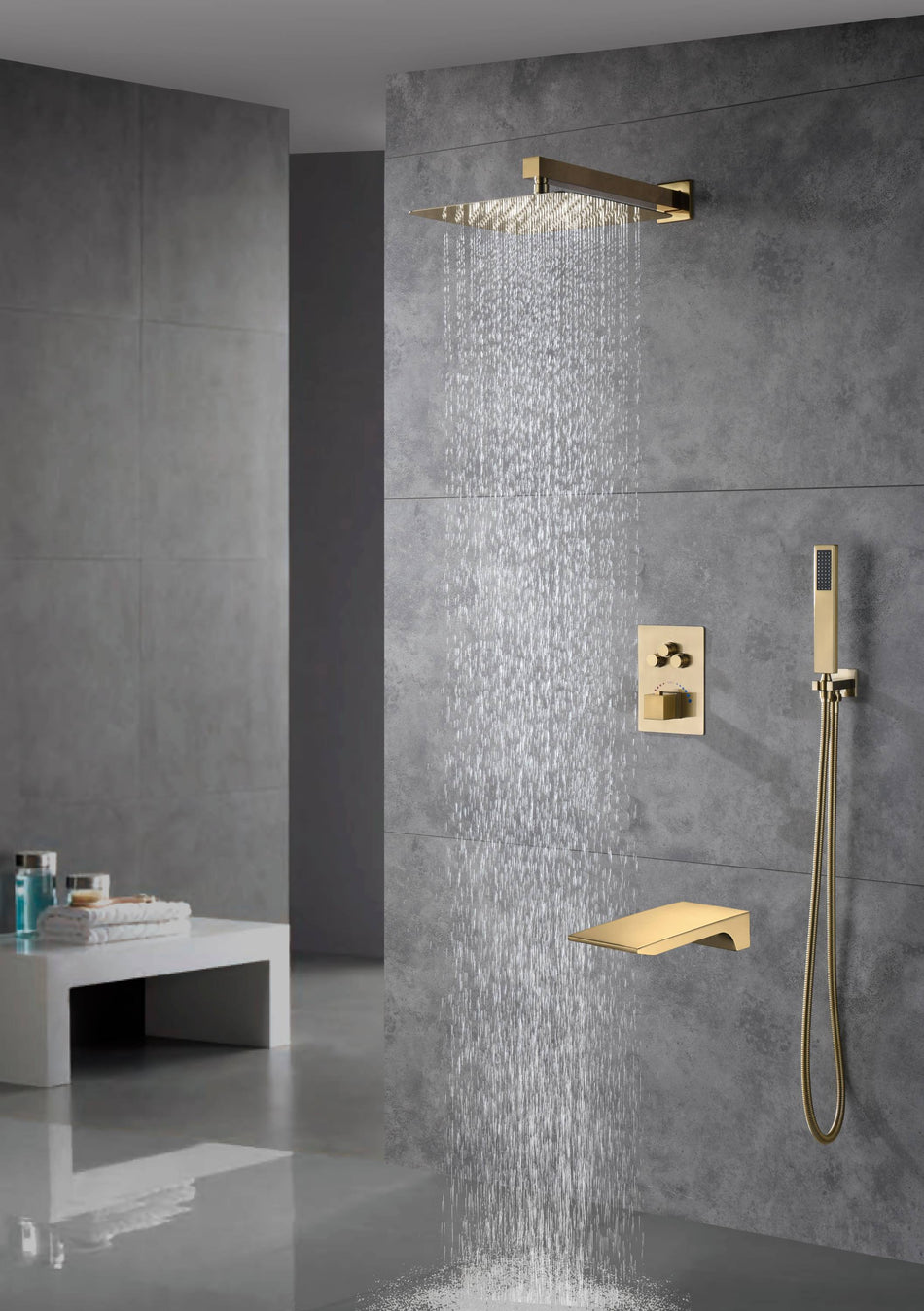 wall mounted Brushed gold 3 way Thermostatic Shower valve system with waterfall tub spout that each function run all together and separately