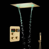 Brushed Gold Music 64 LED lights Flushed mount 20 X 20 inch rain waterfall shower head 3 way Digital display thermostatic valve that each function run all together and separately