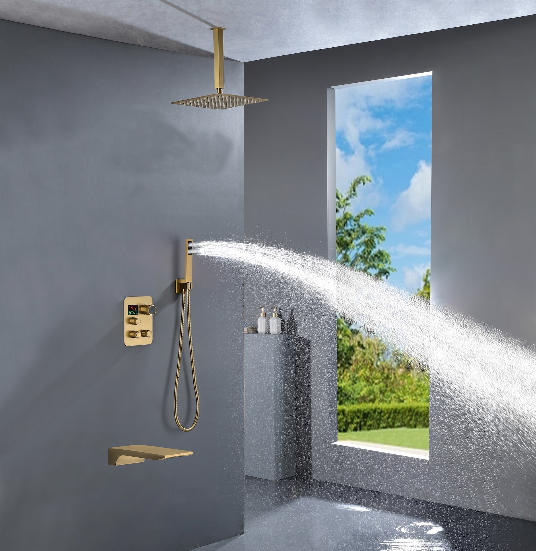 Ceiling mounted Brushed gold 3 way Thermostatic Shower valve system wi ...