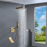 wall mounted Brushed gold 3 way Thermostatic Shower valve system with waterfall tub spout that each function run all together and separately