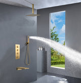 Ceiling mounted Brushed gold 3 way Thermostatic Shower valve system with waterfall tub spout that each function run all together and separately