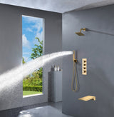 wall mounted Brushed gold 3 way Thermostatic Shower valve system with waterfall tub spout that each function run all together and separately