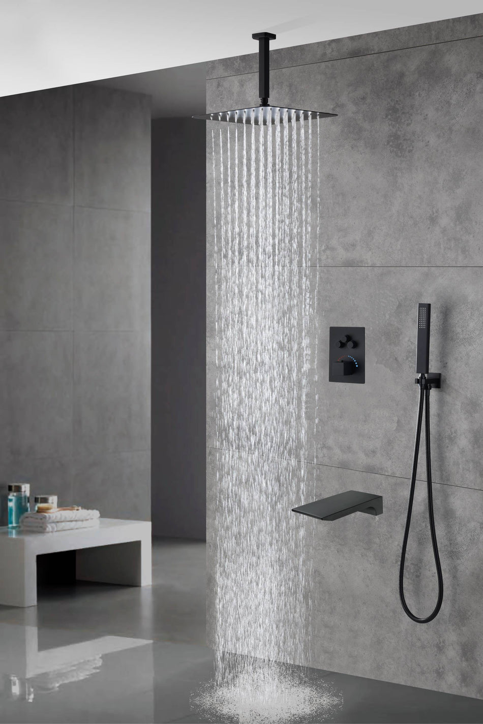 Ceiling mount matte Black 12 inch or 16 inch Rain Shower Head 3 way thermostatic shower faucet with waterfall Tub spout