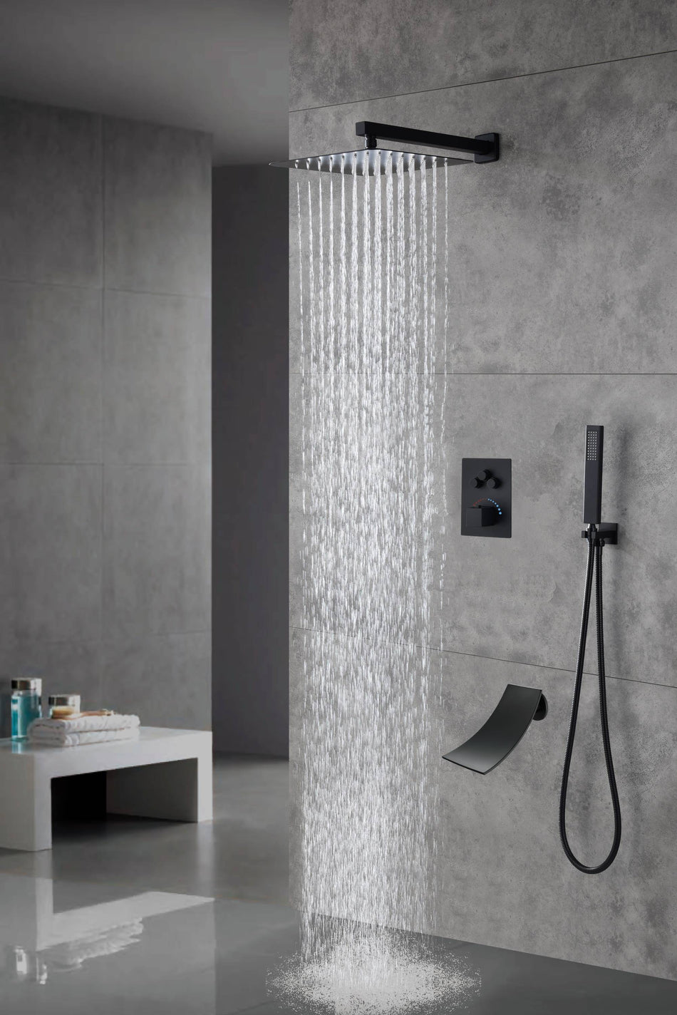Wall  mount 16 inch matte Black Rain Shower Head 3 way thermostatic shower faucet with waterfall Tub spout