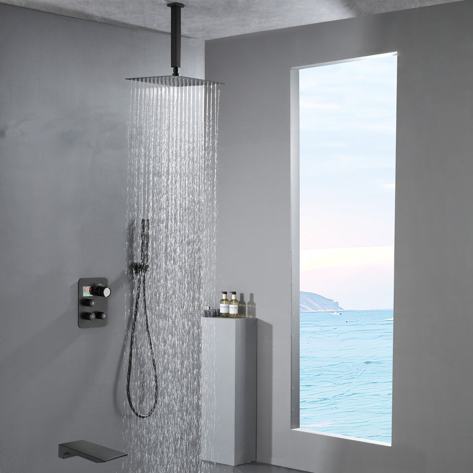 Ceiling mount matte Black 12 inch or 16 inch Rain Shower Head 3 way thermostatic shower faucet with waterfall Tub spout