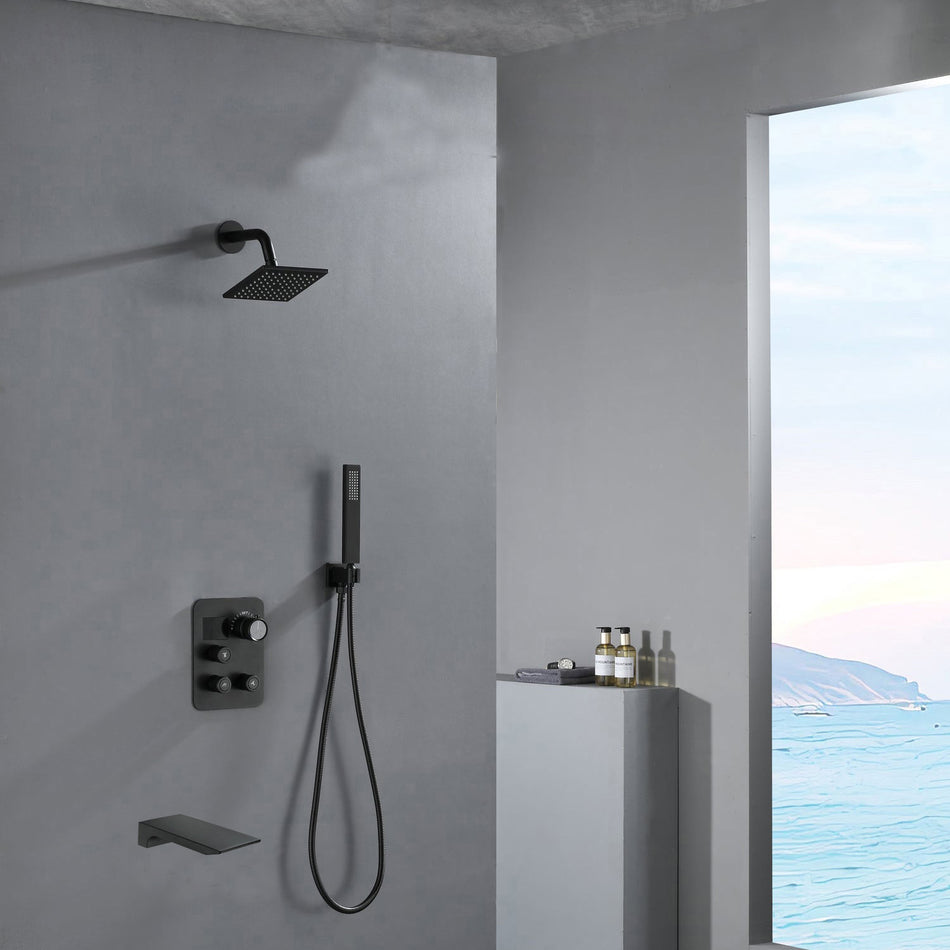 Wall mount matte Black 12 inch or 16 inch Rain Shower Head 3 way thermostatic shower faucet with waterfall Tub spout