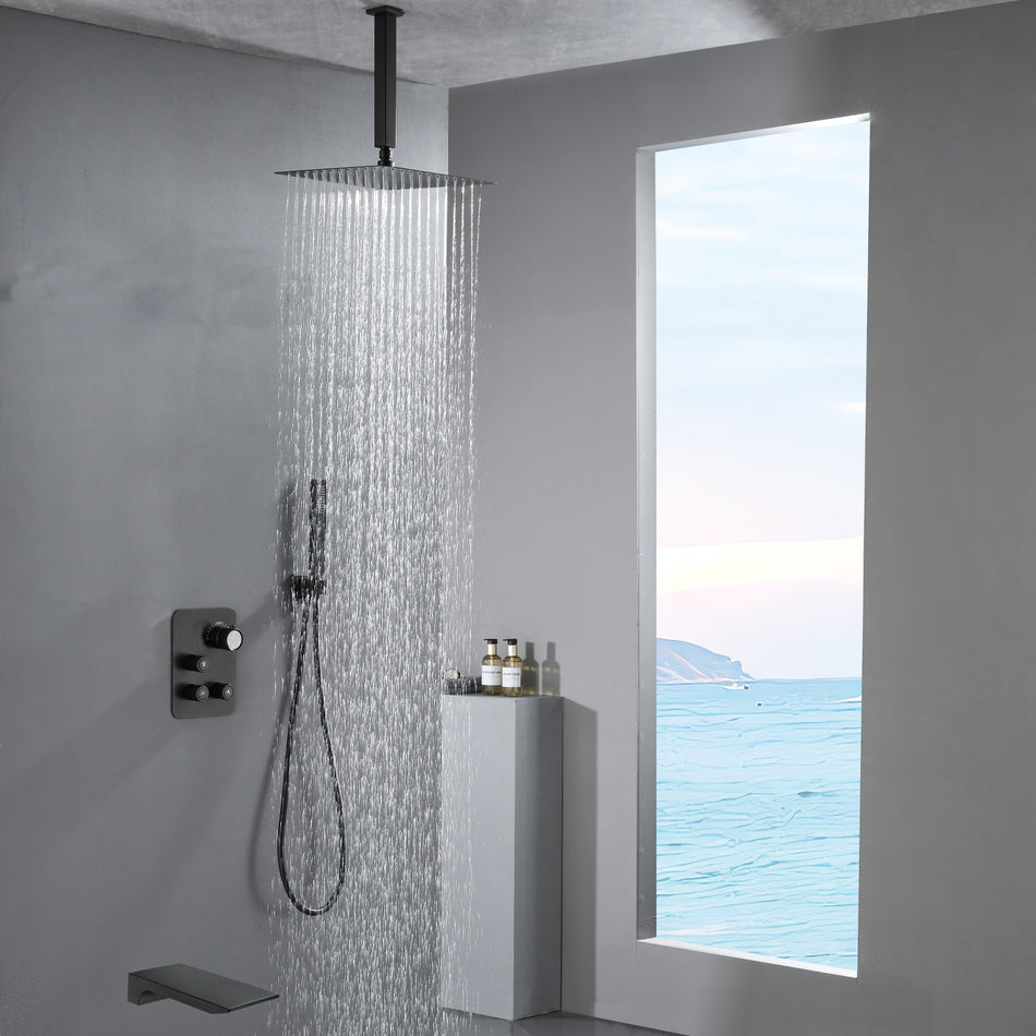 Ceiling mount matte Black 12 inch or 16 inch Rain Shower Head 3 way thermostatic shower faucet with waterfall Tub spout