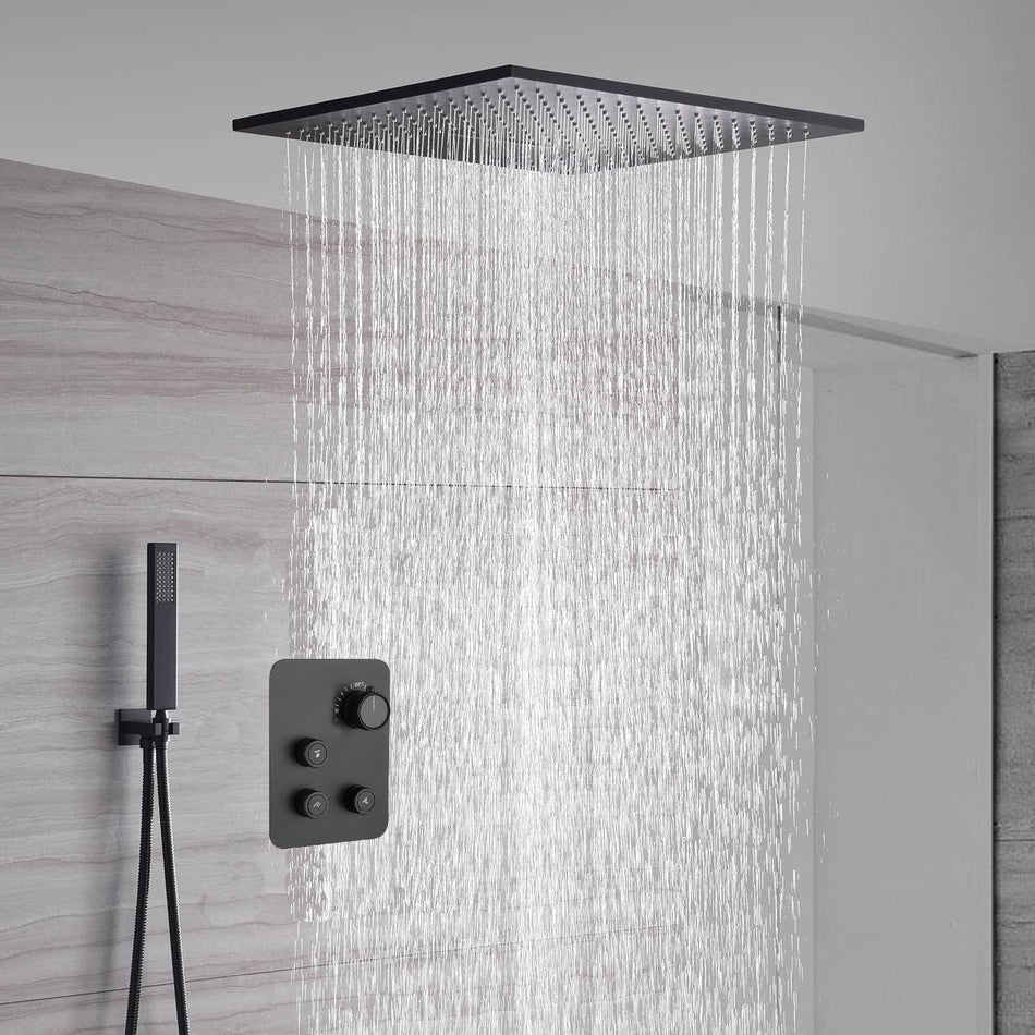 20inch matte black ceiling mount rainfall waterfall shower systems 3 way thermostatic valve with 6 body jets