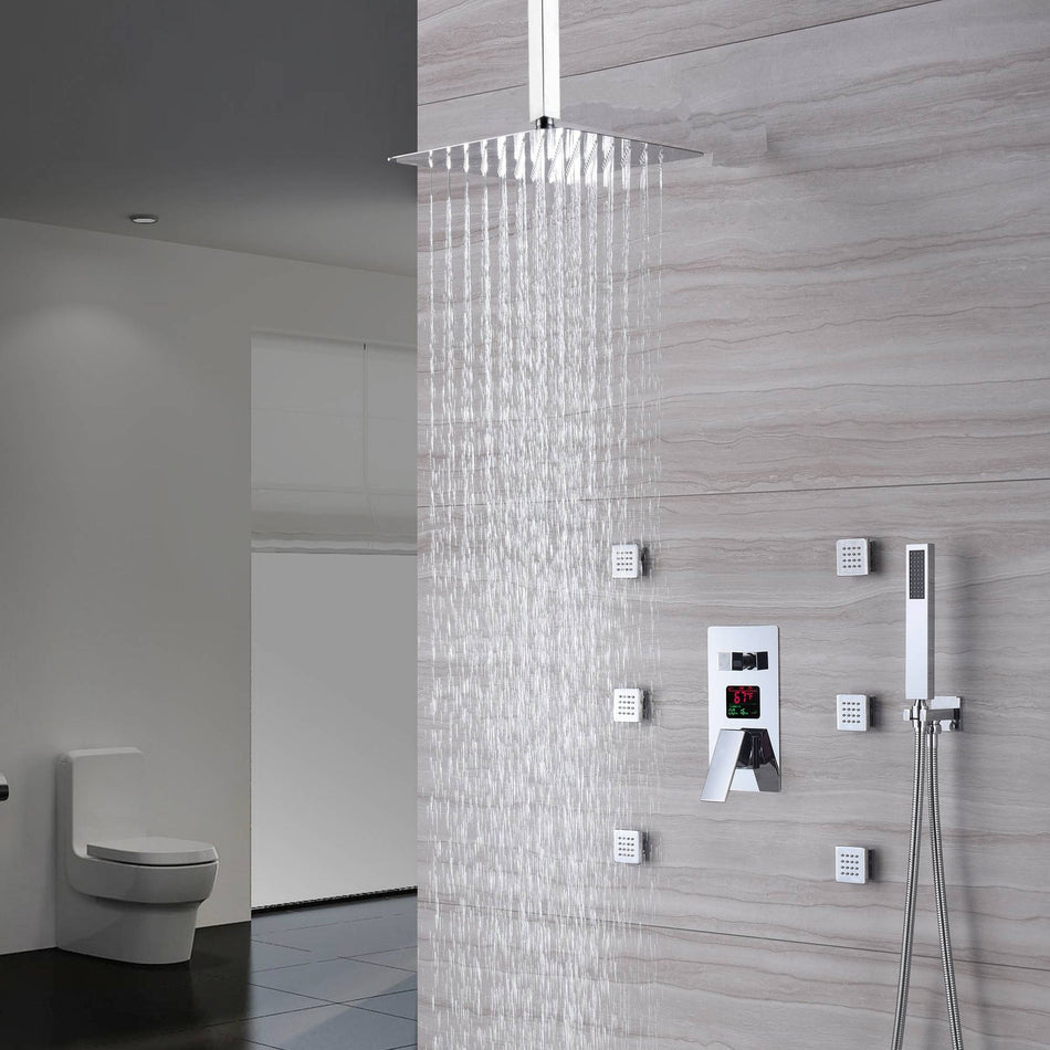 12 inch or 16 inch LED chrome 3 functions pressure balance Digital Display Shower systems With 6 brass Body Jet Sprayer Chrome Finish