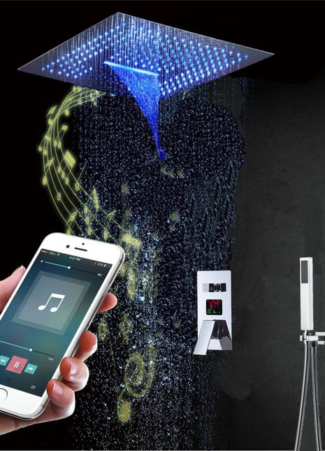 16-Inch Chrome Pressure-Balance Shower Faucet: Flush-Mounted, 3-Way Control, 64-Color LED Lighting, Bluetooth Music