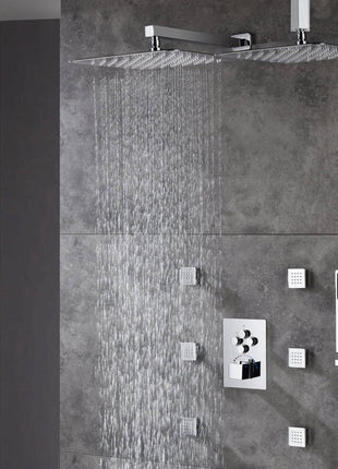 Brushed gold or chrome Ceiling mount two shower heads 4 way Thermostatic Shower valve system that each function run all together and separately