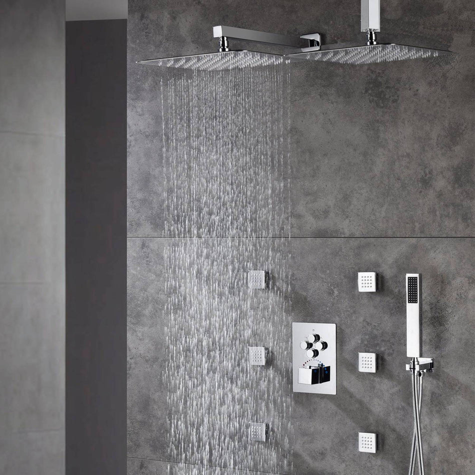 Brushed gold or chrome Ceiling mount two shower heads 4 way Thermostatic Shower valve system that each function run all together and separately