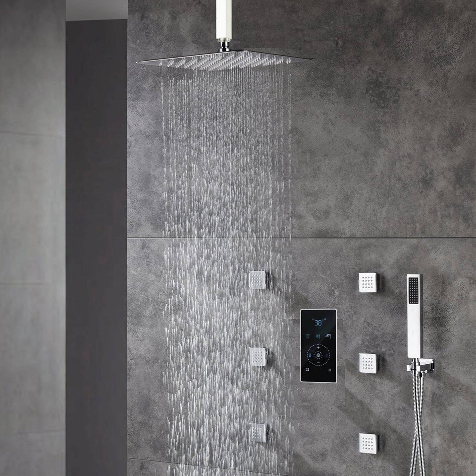 16INCH LED Rain Shower Set Sprayer Chrome Ceiling Mount 3 way touch digital valve with 6 body jets