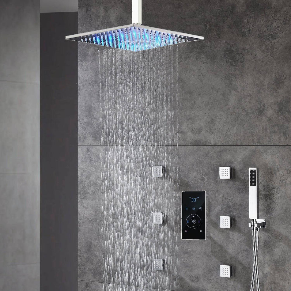16INCH LED Rain Shower Set Sprayer Chrome Ceiling Mount 3 way touch digital valve with 6 body jets