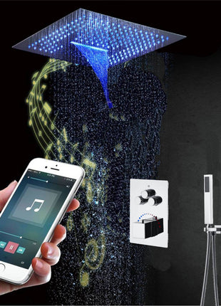 16-Inch Chrome Pressure-Balance Shower Faucet: Flush-Mounted, 3-Way Control, 64-Color LED Lighting, Bluetooth Music