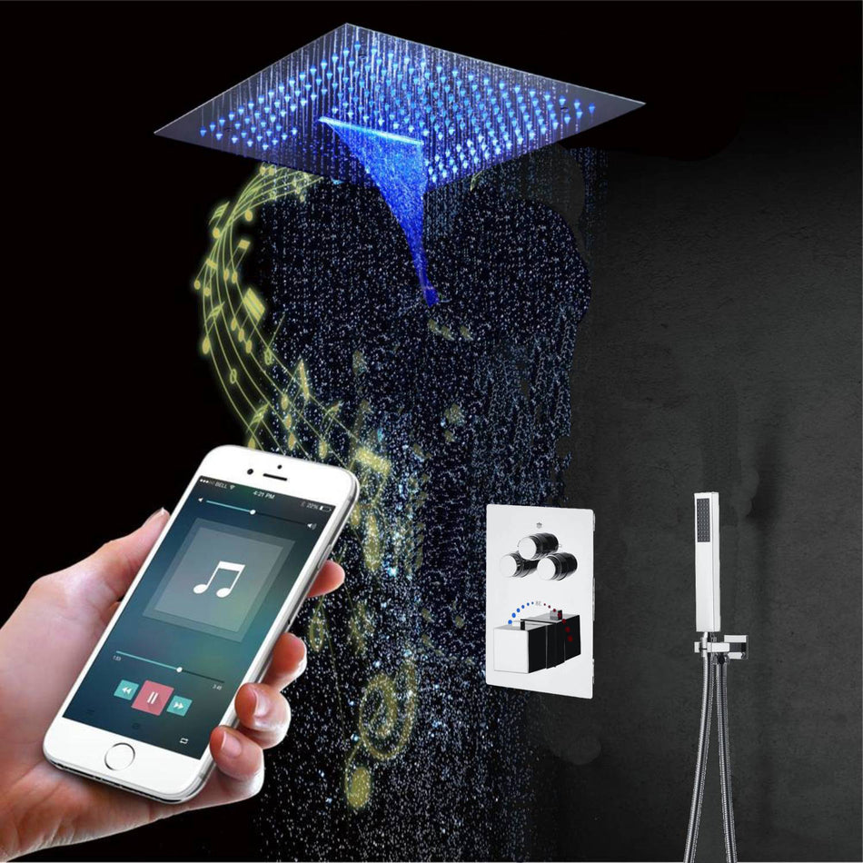 16-Inch Chrome Pressure-Balance Shower Faucet: Flush-Mounted, 3-Way Control, 64-Color LED Lighting, Bluetooth Music