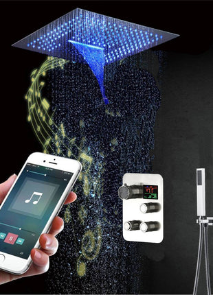16-Inch Chrome Pressure-Balance Shower Faucet: Flush-Mounted, 3-Way Control, 64-Color LED Lighting, Bluetooth Music